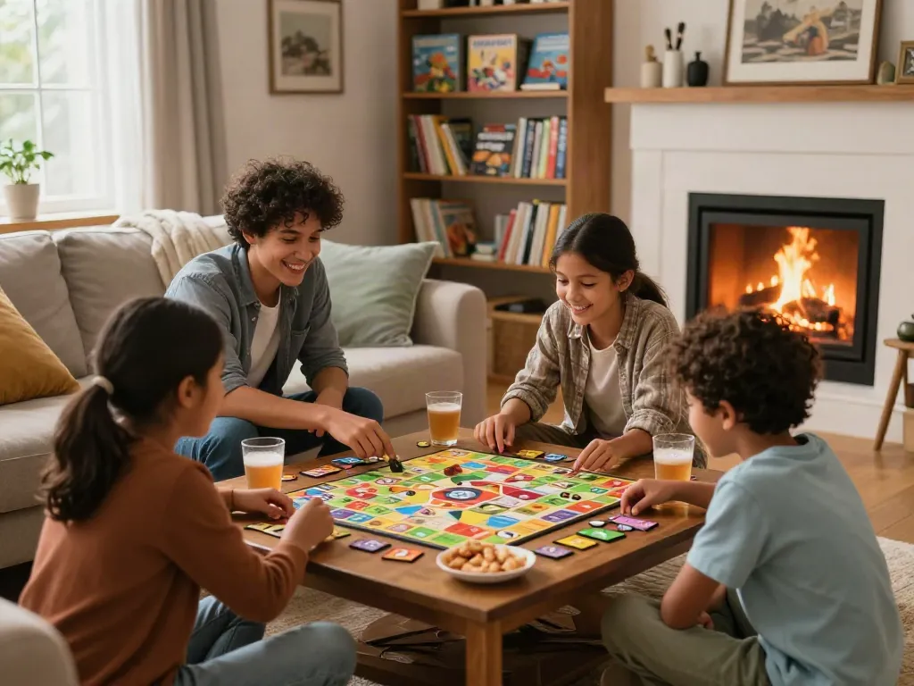 Family enjoying a game night with board games and snacks, showcasing Cialis as part of fun and engagement.