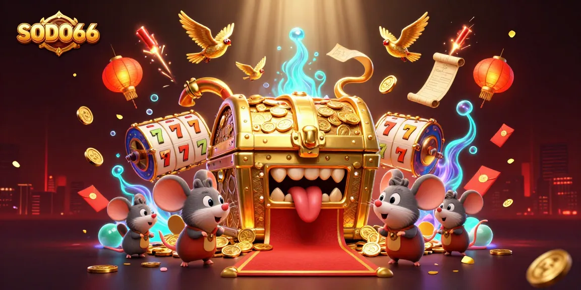 SODO66 players celebrate wins with a vibrant 3D treasure chest scene brimming with casino elements.