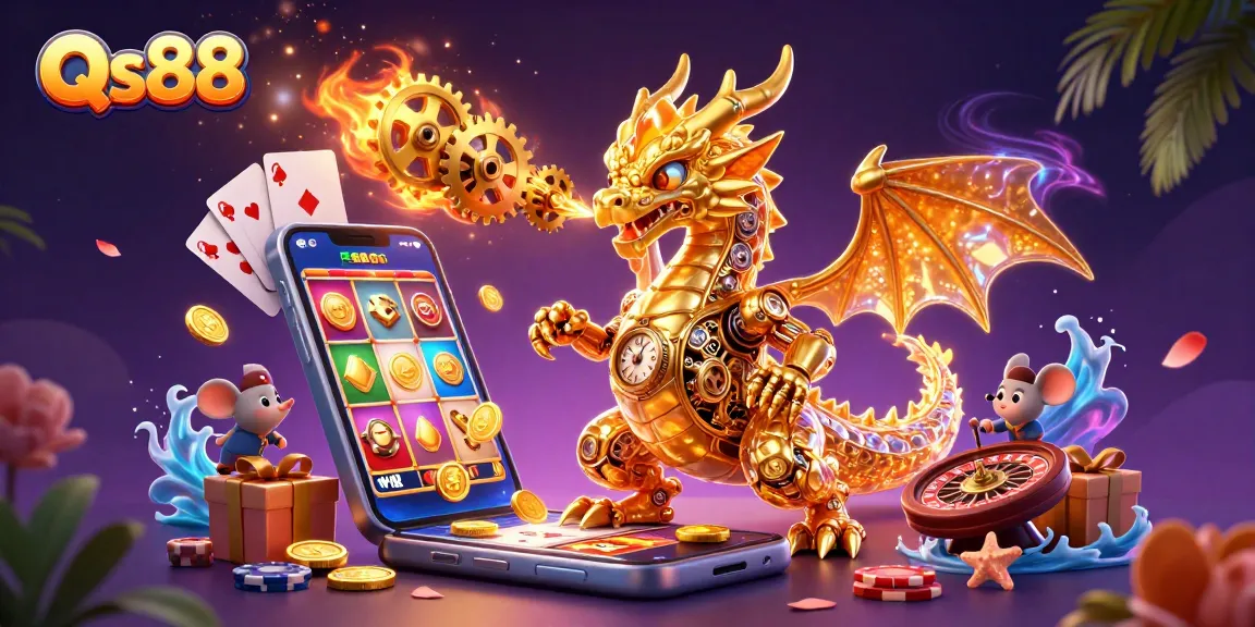 Experience thrilling wins at Qs88 with a vibrant illustration of a dragon and game elements in a dynamic casino scene.