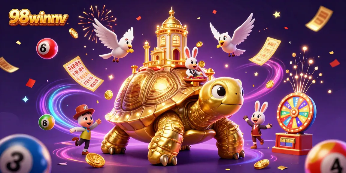 Engage in thrilling gaming action with 98winnv showcasing a dynamic casino scene with colorful lottery elements.