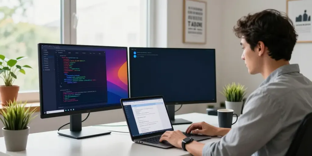 Workspace showcasing instant indexing API on developer's monitor, reflecting productivity and modern technology.