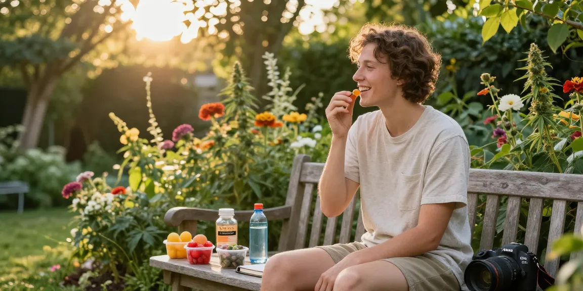 Person enjoying delta 9 THC gummies in a serene garden, highlighting relaxation and flavor.