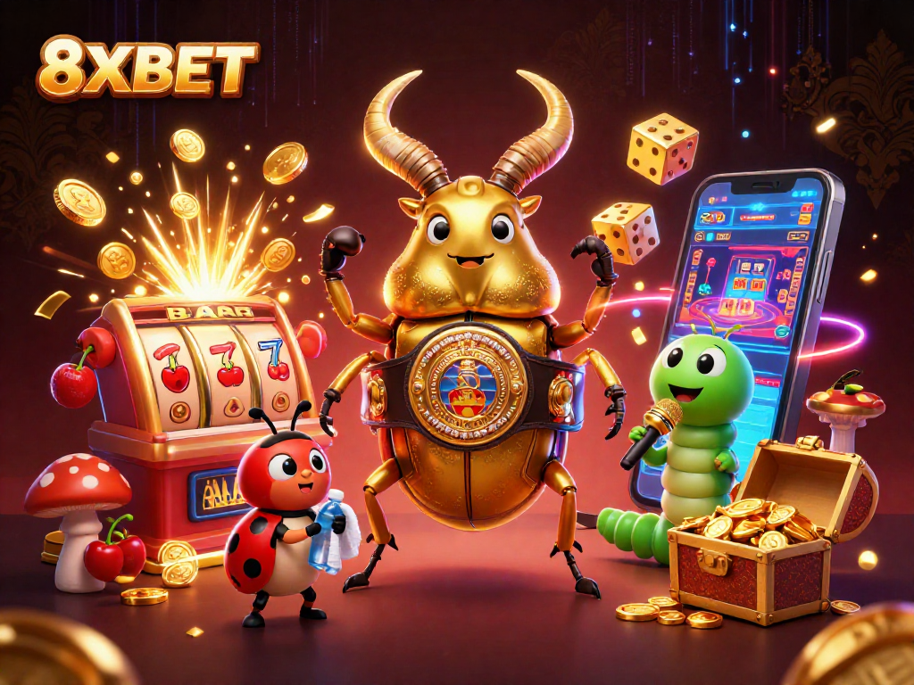 Experience thrilling gaming with 8XBET's immersive casino scene featuring jackpots and vibrant characters.