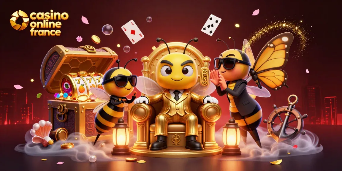 Entrez dans l’univers du gaming avec un chef de la mafia de casino en ligne en France entouré de gardes et d’une informante, explorant des trésors.