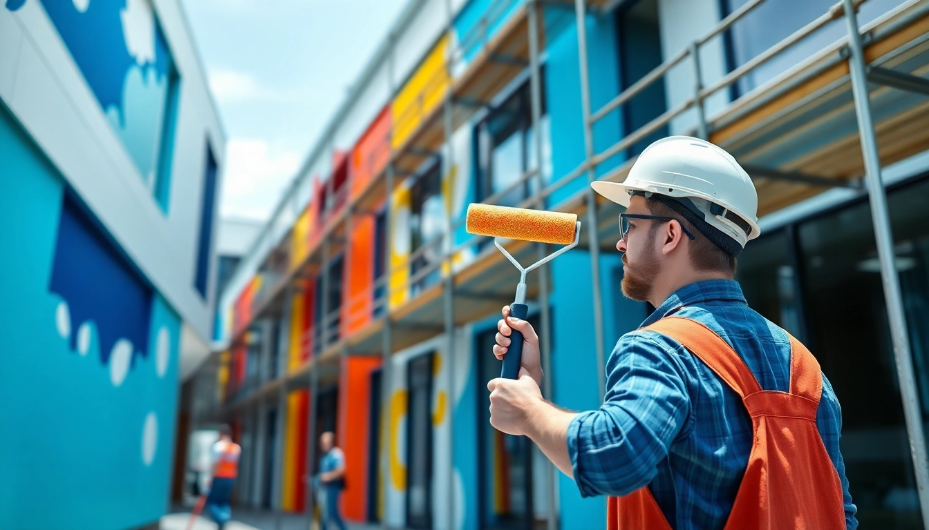 Showcasing a commercial painting team transforming a building's exterior with vibrant colors.