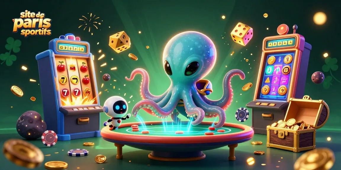 Explorez le site de paris sportifs avec un octopus futuriste et une machine à sous éclatante en arrière-plan.