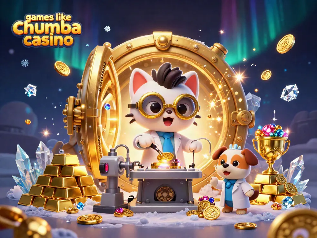 Play exciting games like Chumba Casino in a vibrant, animated casino scene full of treasures.