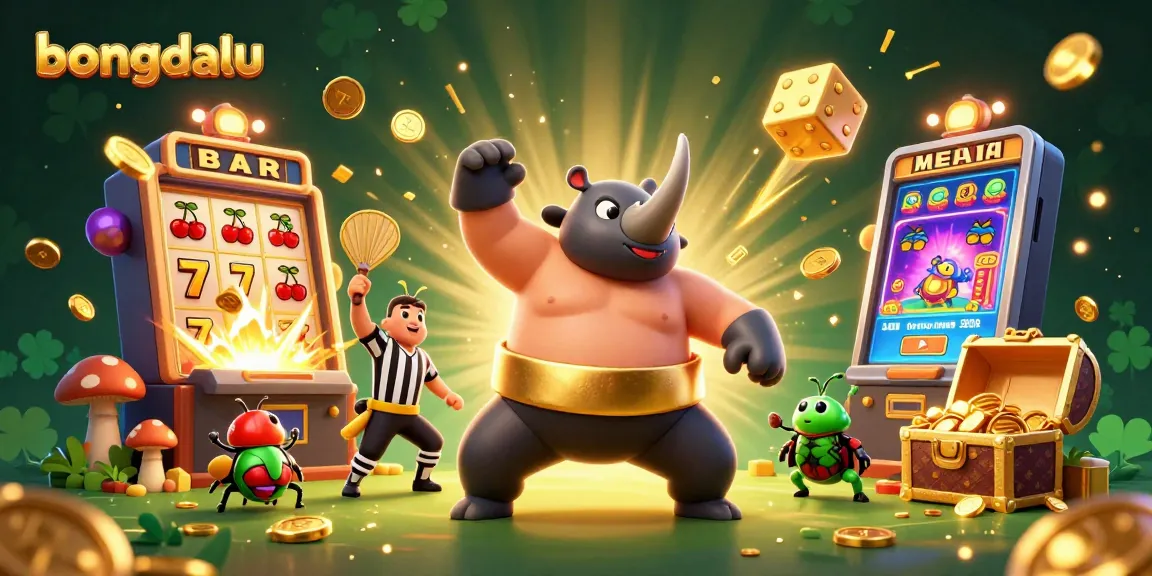 Experience thrilling bets with bongdalu as a sumo beetle champion stomps coins, embodying sports betting excitement.