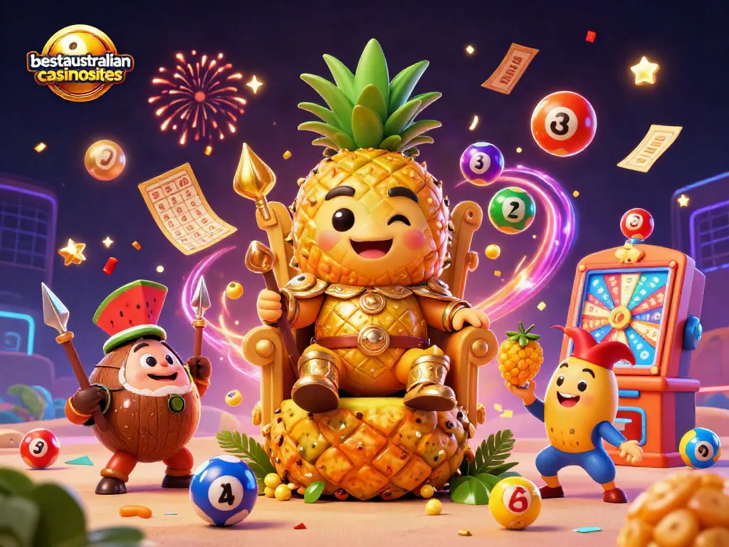 Experience the excitement of baccarat online with bestaustraliancasinosites' vibrant casino illustration featuring a pineapple king.