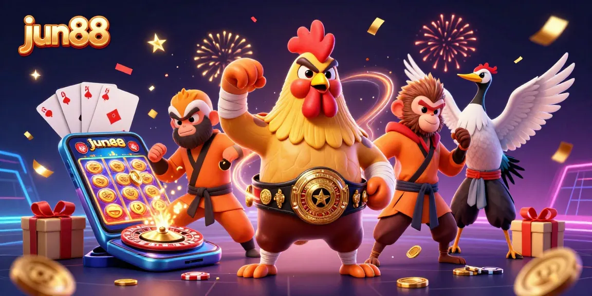 Experience the thrill of jun88 gaming with a vibrant 3D casino illustration featuring dynamic characters and exciting game elements.