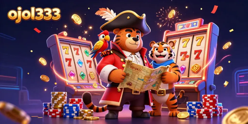 Engaging illustration showcasing ojol333 with dynamic slot machine and vibrant casino elements