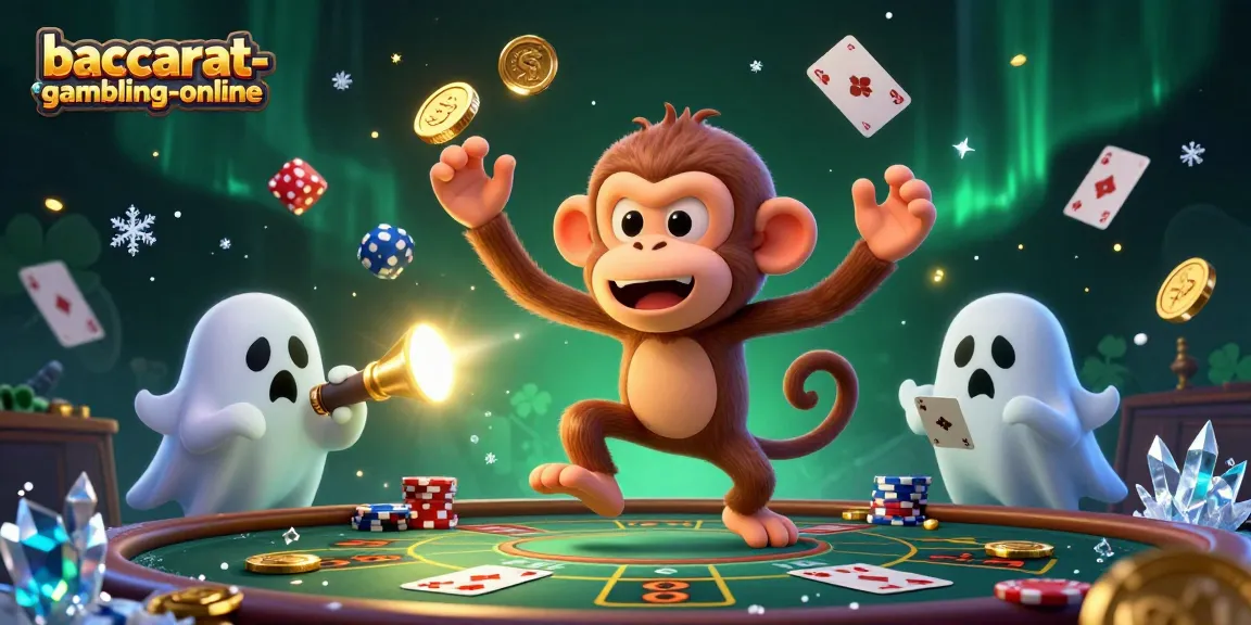 Baccarat-gambling-online showcases a whimsical casino scene with a playful poltergeist monkey and ghost-hunter puppy exploring.