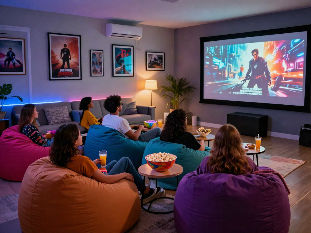 Moviebox movie night scene with friends enjoying a film together