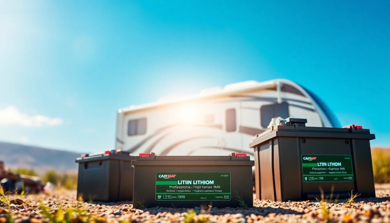 Showcase of lithium RV batteries with an RV backdrop, emphasizing reliability and outdoor adventure.
