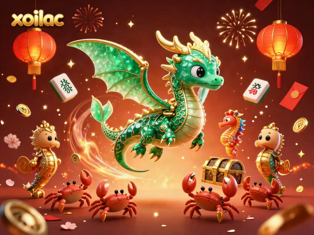 Xoilac stream features an emerald sea dragon and treasure chest among festive gaming elements like lanterns and fireworks.