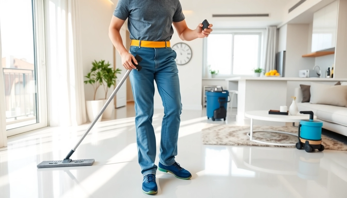 Bond cleaning Logan service showcasing a professional cleaner in an immaculate apartment environment.