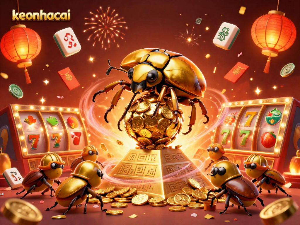 Engage in exciting slots gameplay with keonhacai's vibrant cartoon illustration featuring golden coin beetles and casino symbols
