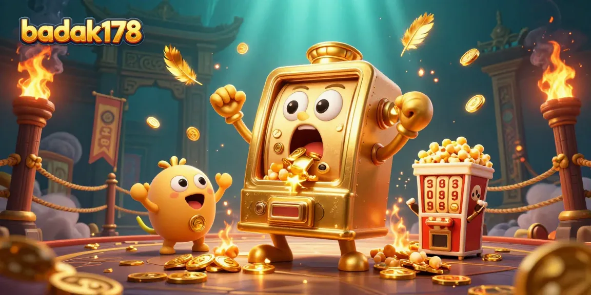 Spin to win with badak178 as golden slot machines cheer and coins fly in suspenseful action!