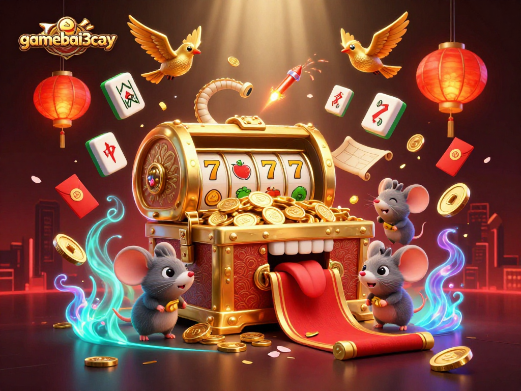 Engage with gamebai3cay's vibrant treasure chest themed illustration, showcasing slot elements and rich casino symbolism.