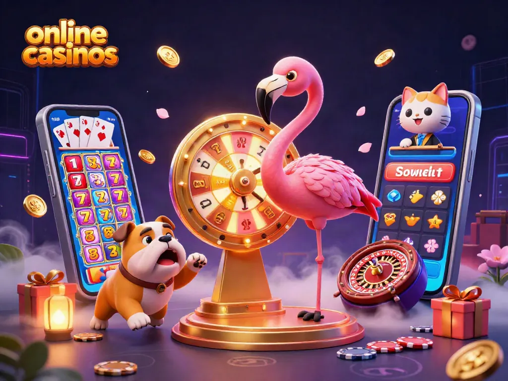 Engage with online casinos featuring a flamingo game show host, bulldog contestant, and casino elements.