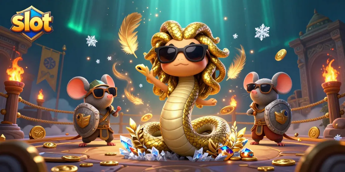 Slot menarik yang menampilkan Medusa dan pejuang mouse di arena judi dengan koin emas dan efek visual.
