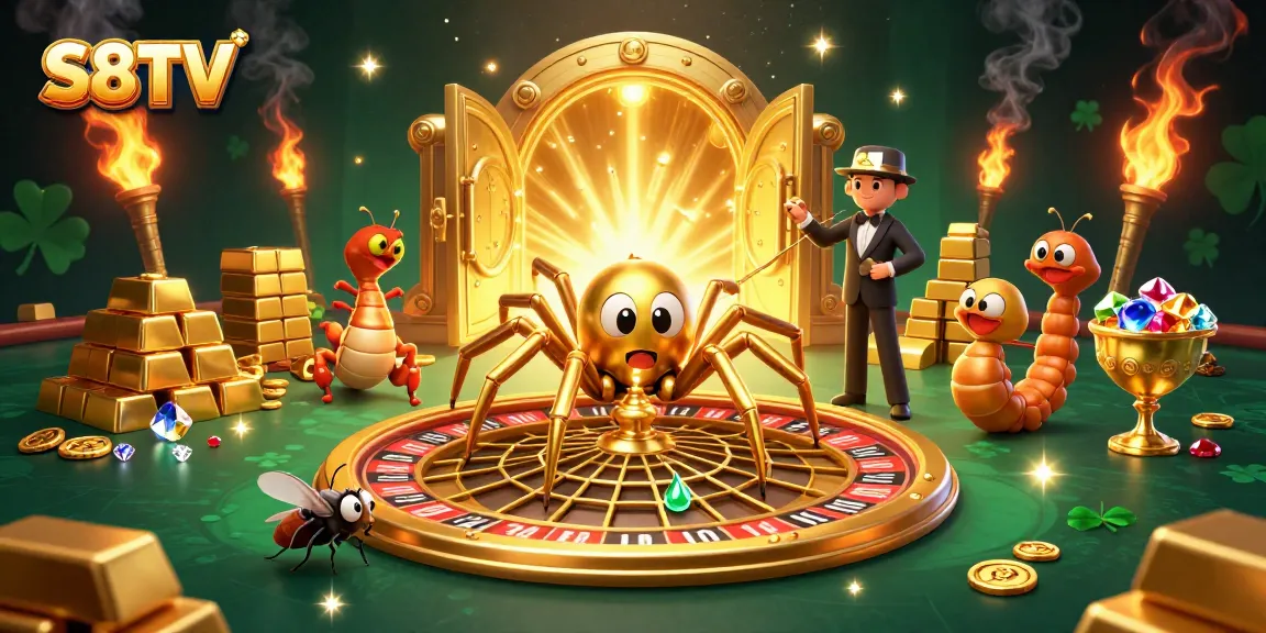 Experience S8TV's thrilling betting action with a 3D illustration of a spider spinning roulette.
