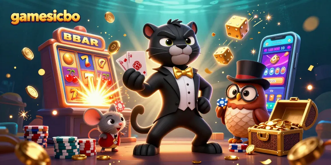 Experience the excitement of gamesicbo with a stylish panther dealer, lively owl, and lucky mouse in a vibrant online casino.