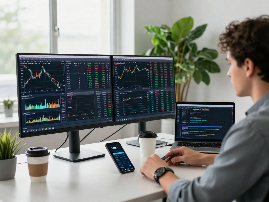Trader using metatrader 5 software in a modern office with multiple screens and financial charts