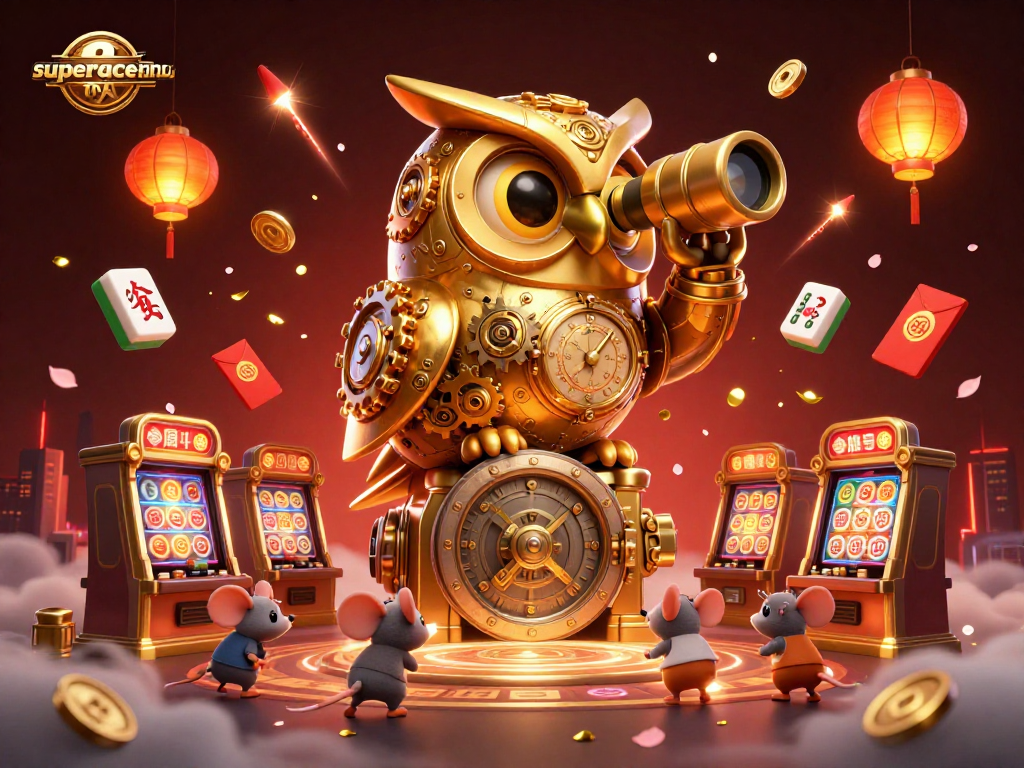 Experience thrills in superace-nohu with golden owl and lively mouse patrons amidst vibrant casino elements.