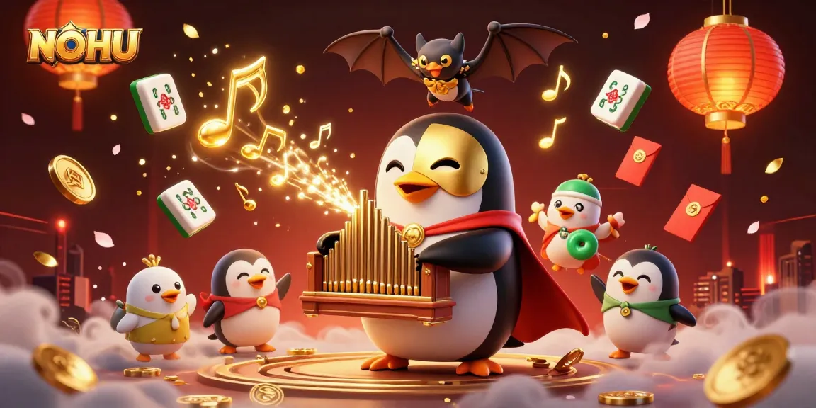 NOHU penguin character plays an organ, shooting coins, surrounded by vibrant gambling elements.
