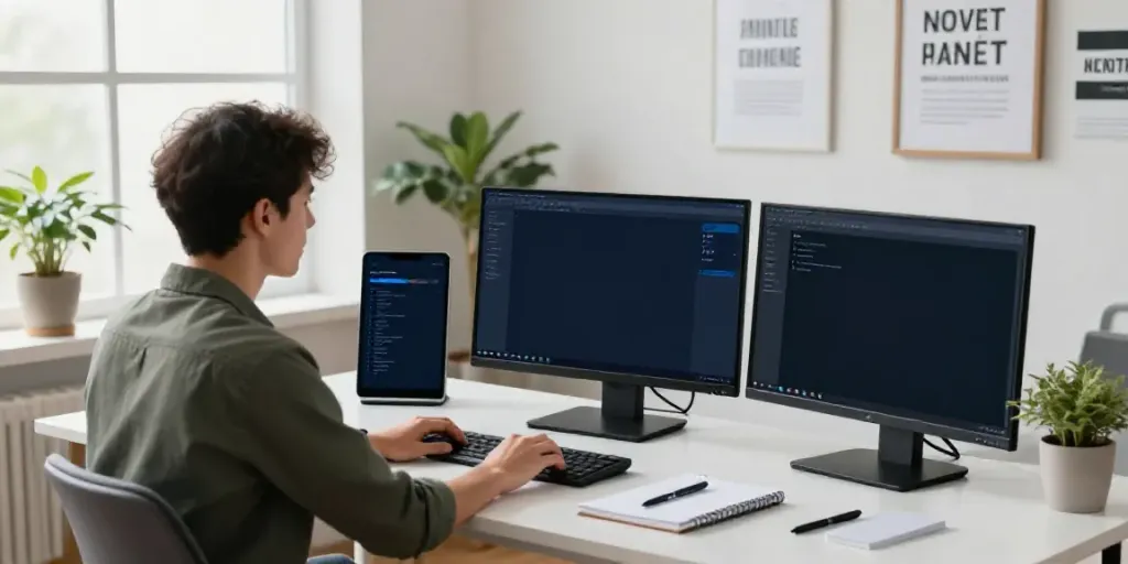 Content creator utilizing AI tools for newsletter content in a vibrant workspace.