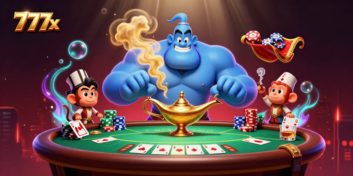 Experience thrilling poker action at 777x with a magical genie and vibrant casino elements!