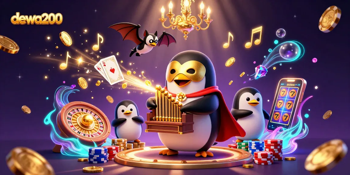 Menghadirkan dewa200 dalam ilustrasi kasino 3D yang menampilkan penguin opera yang memainkan organ dengan koin emas terbang di sekelilingnya.