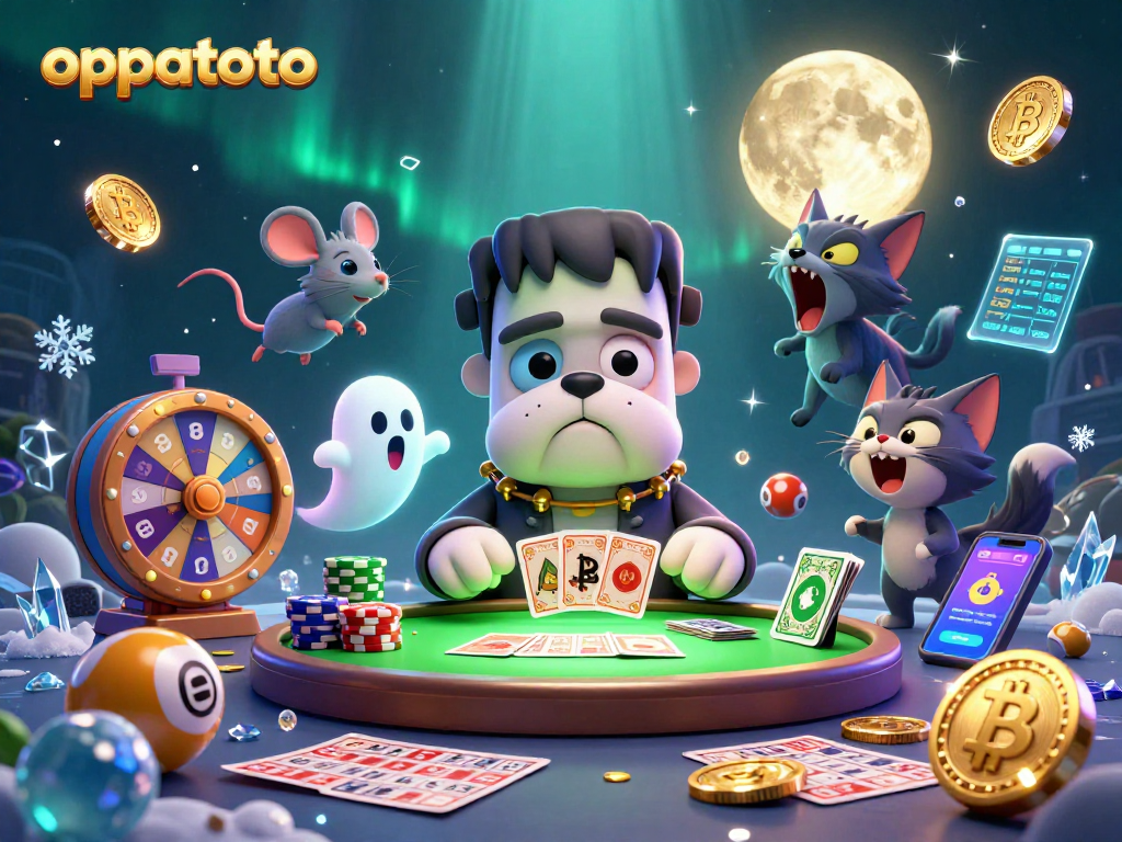 Engage in exciting games with oppatoto at a spooky casino table featuring colorful lottery elements.