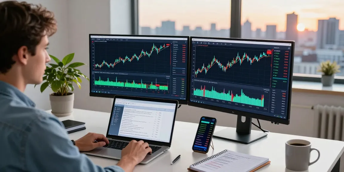 Forex trader using MetaTrader 4 in modern home office with charts and city skyline.