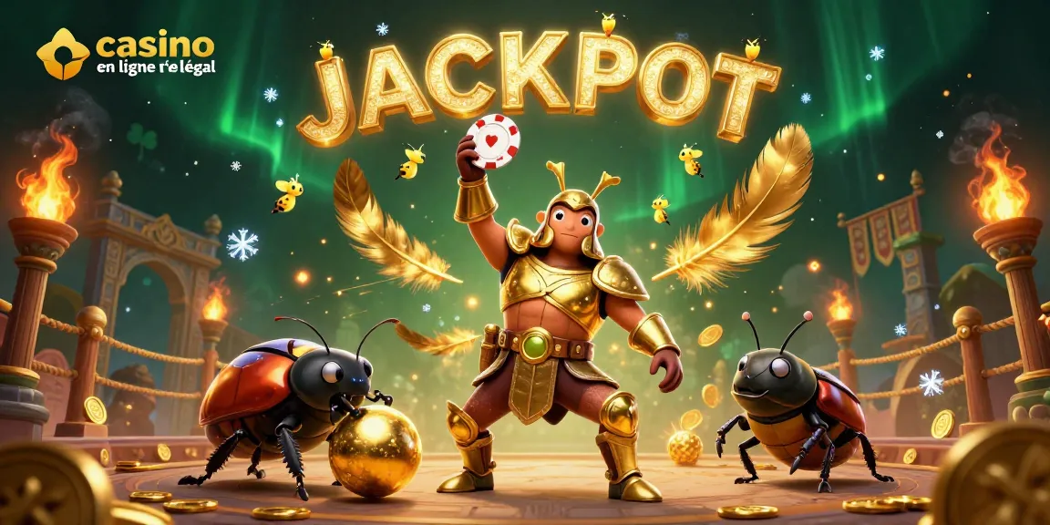 Jackpot au casino en ligne France légal : un scarabée en armure et des feuilles dorées illuminent l'arène.