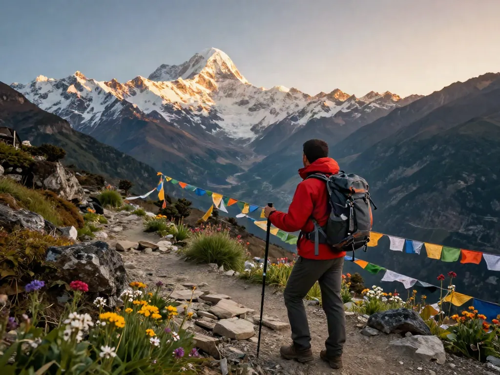 Manaslu Circuit Trek traveler enjoying breathtaking mountain views on rugged terrain.
