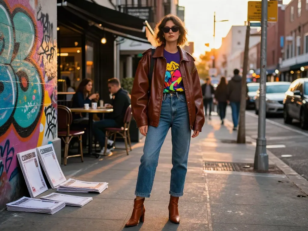 Fashionisk .com street style with trendy urban outfit and vibrant city backdrop.
