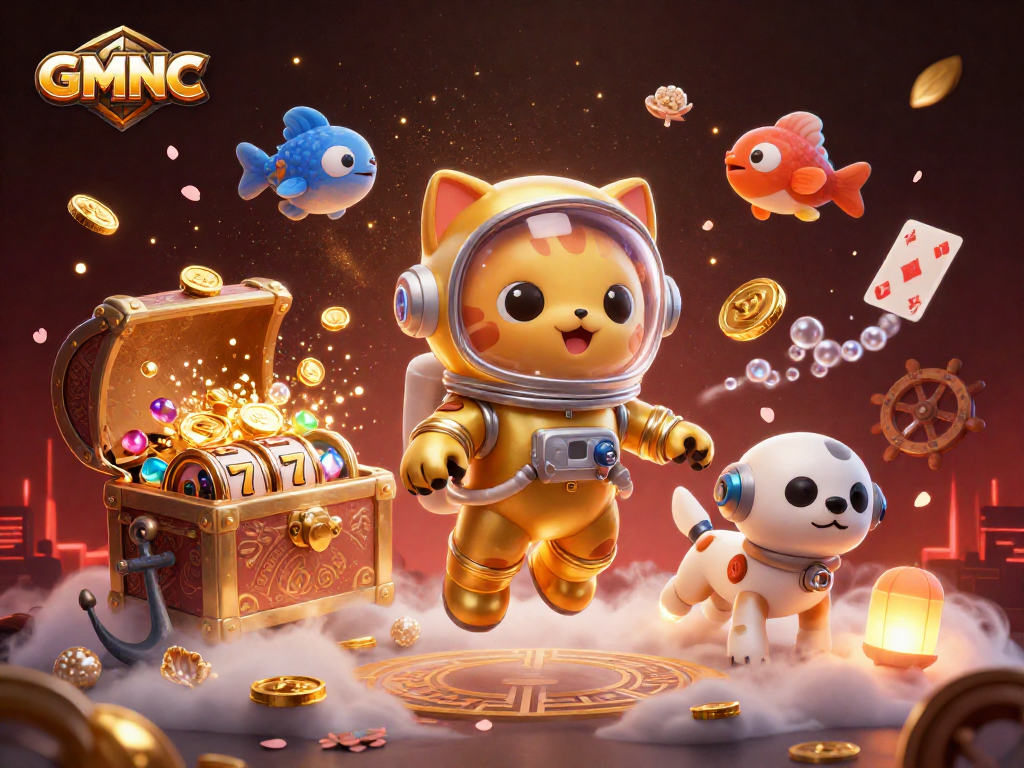 Experience GMNC with a playful space cat and dog in a vibrant casino world featuring slot reels and colorful gems.