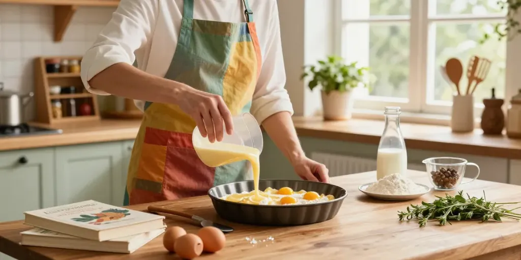 Pop over to these guys with a chef preparing batter in a rustic kitchen.