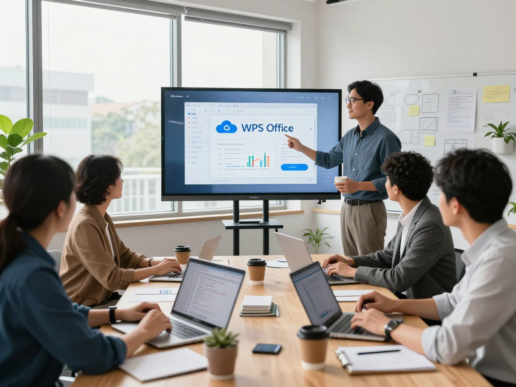 团队在现代办公室环境中高效使用WSP，展示WPS Office的强大功能和协作能力。
