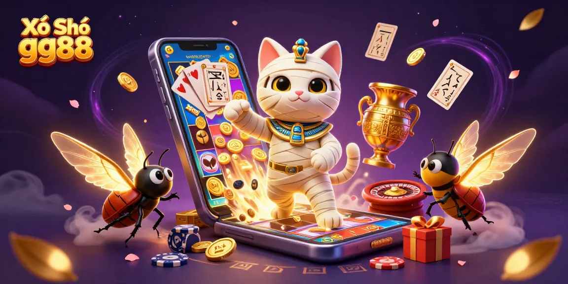 Xổ Số gg88 celebrates an exciting lottery experience with a vibrant 3D illustration of a mummy cat and golden elements.