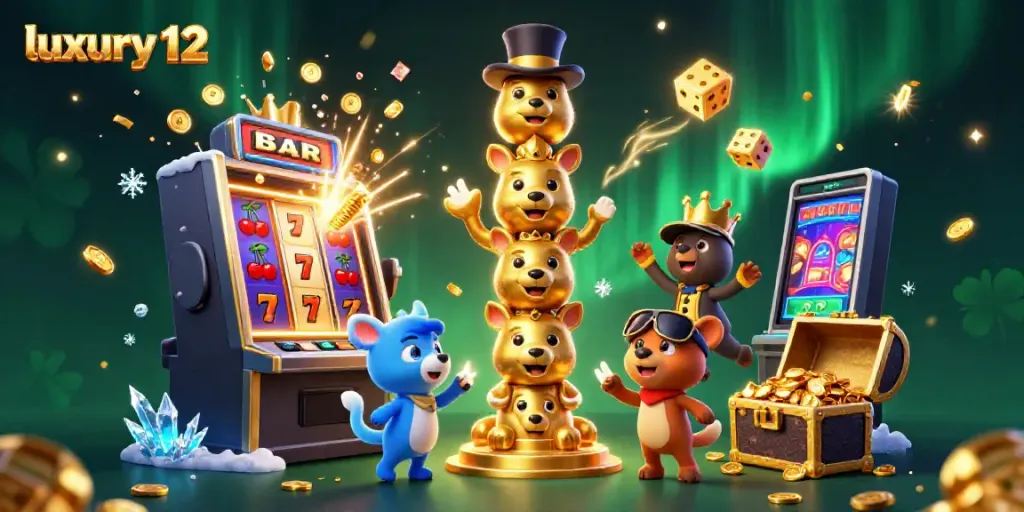 Experience excitement with luxury 12 in this vibrant 3D casino illustration of bustling game elements.