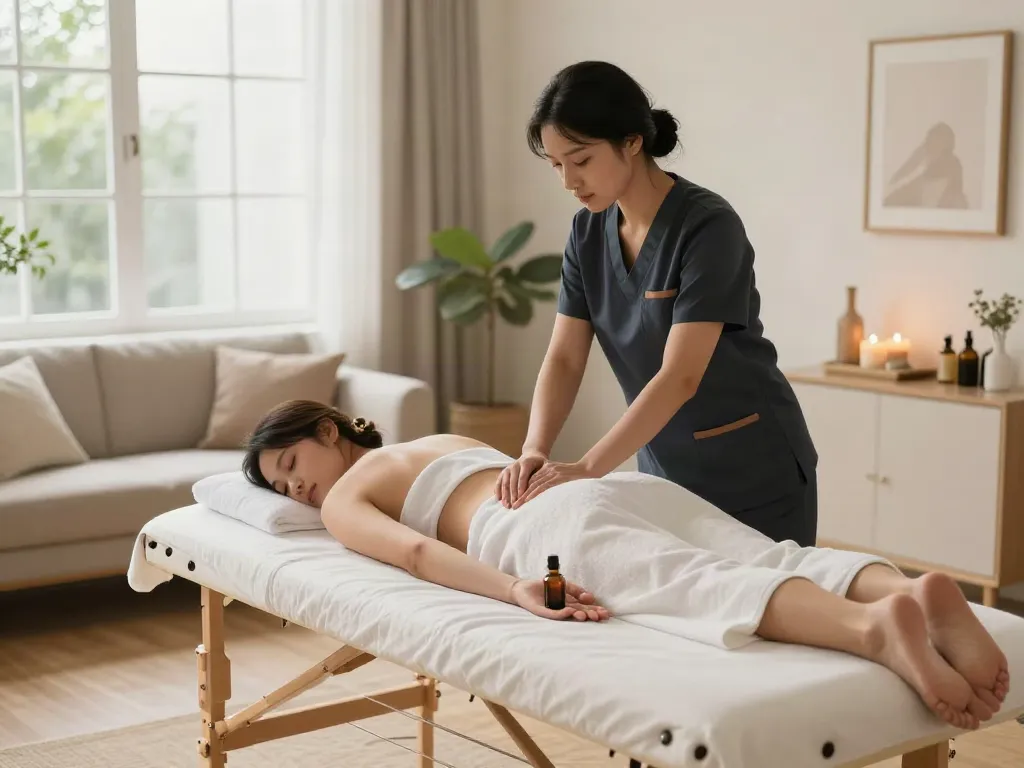 Relaxing 강남출장마사지 session in a tranquil home environment with soothing elements.