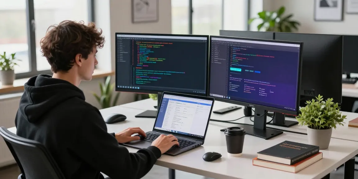 Developer using acrossprotocol in a modern office with dual monitors displaying cross-chain transactions.