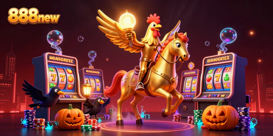 Experience the excitement of 888new with vibrant slot reels and golden rooster in a thrilling casino scene.