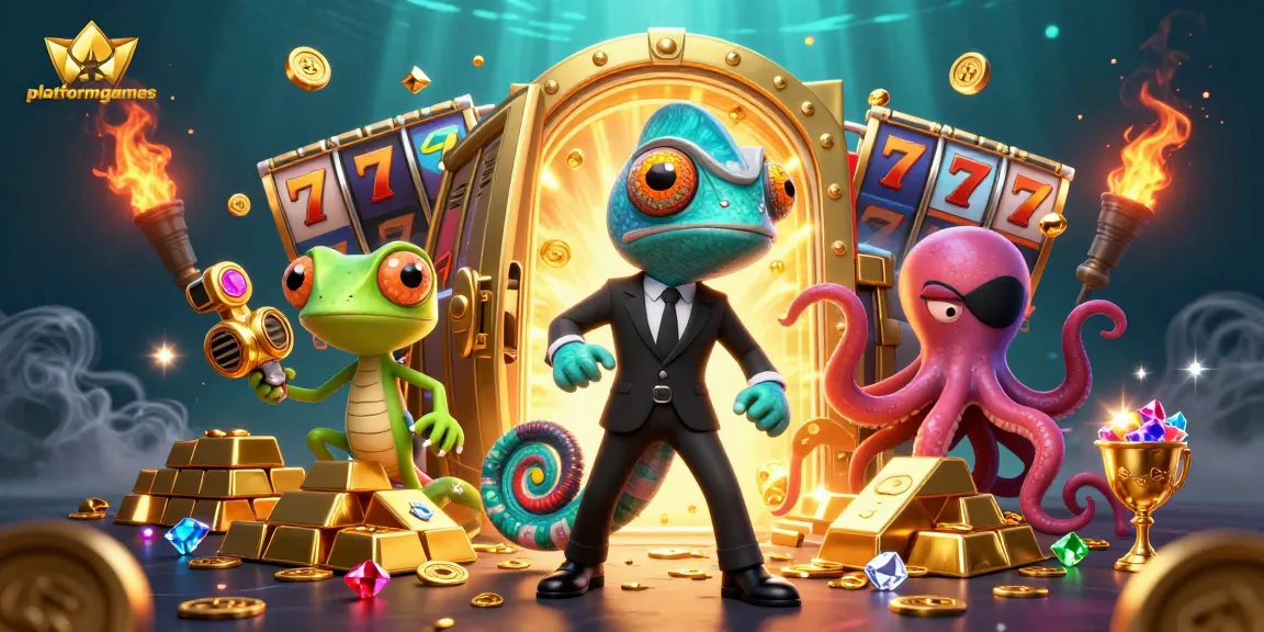 Experience thrilling platformgames with a vibrant 3D casino scene showcasing playful characters and exciting slot machines.