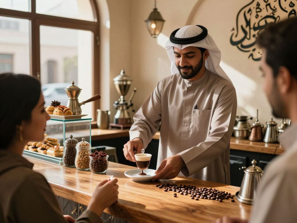 قهوجي الرياض يقدم القهوة العربية في مقهى تقليدي بجو دافئ.