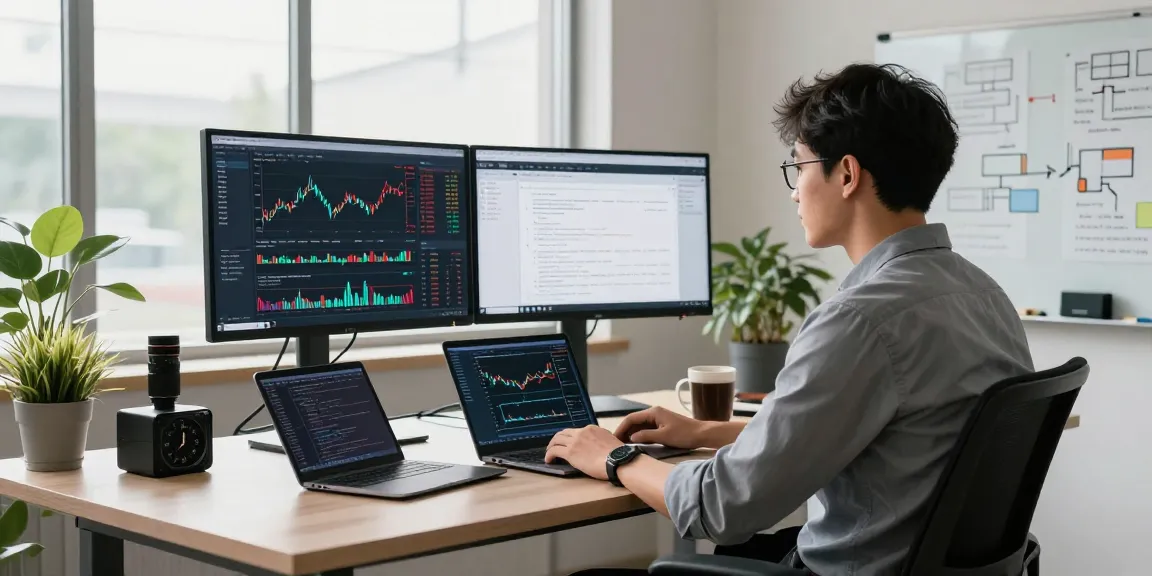 Dynamic programmer working with Asian stock index API data in a modern tech workspace