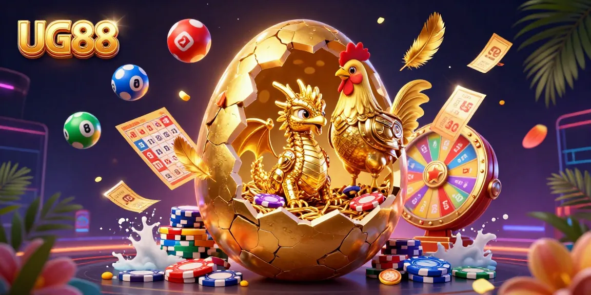 Engage in exciting gaming experiences with UG88’s golden dragon and poker chips in a vibrant casino scene.
